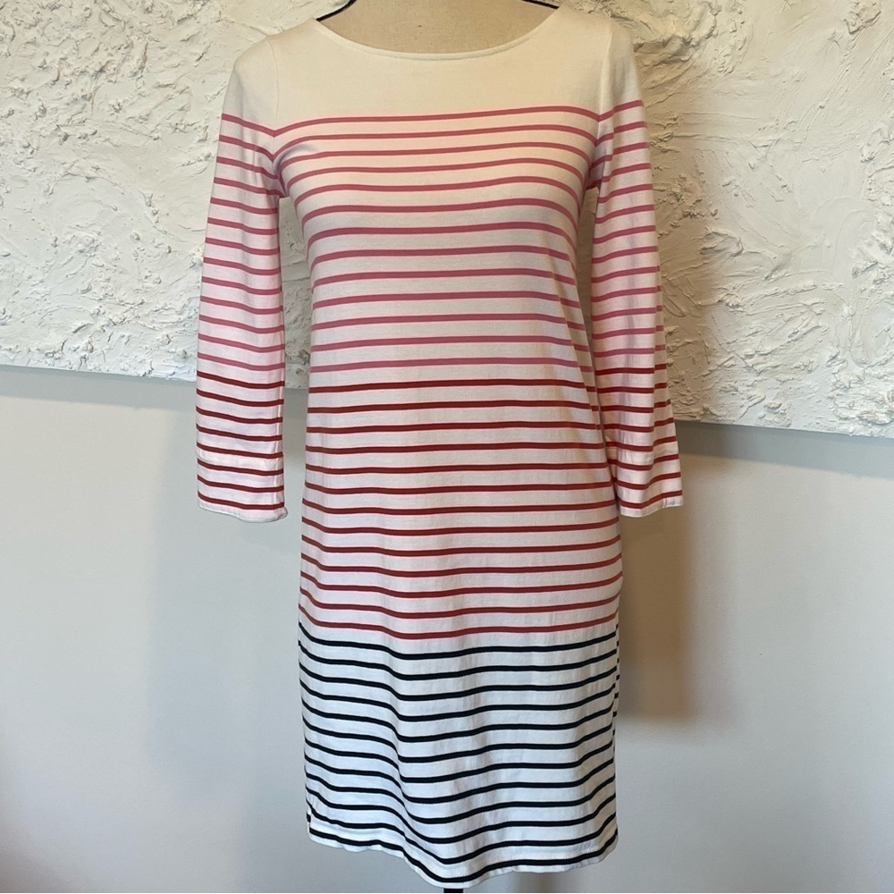 Boden Striped Boatneck 3/4 Sleeve Dress White Pink Red Black Sz 2 Cotton.